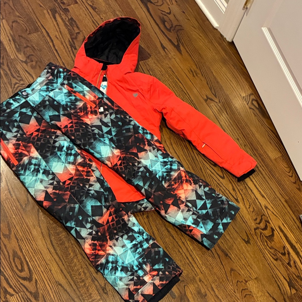 Obermeyer Kids Red and Blue Geometric Puffer Jacket and Pants